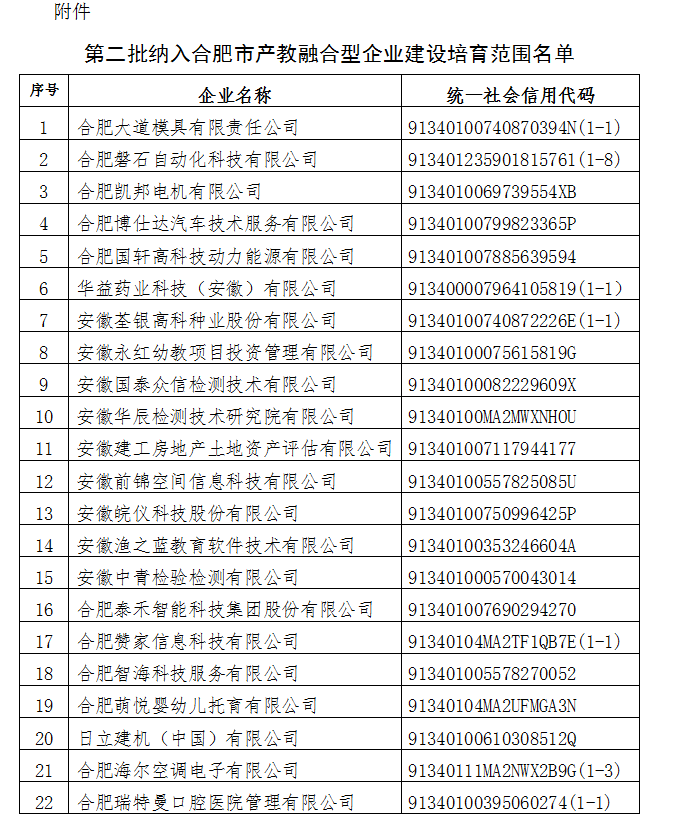 第二批合肥市產(chǎn)教融合型企業(yè)名單